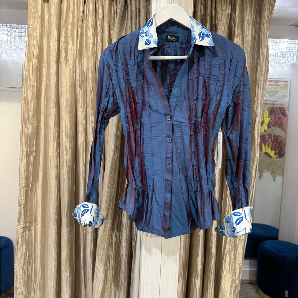 Blue Button-Up Shirt with Floral Cuffs